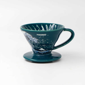 HARIO x Ukiyo-e Edition V60 Ceramic Dripper with Great Wave design in deep indigo and matte black