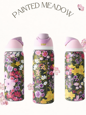 Owala FreeSip UO floral bottle shown from three angles