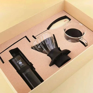 HARIO V60 Smart G Coffee Starter Set with manual grinder, glass dripper, coffee server, and milk frother