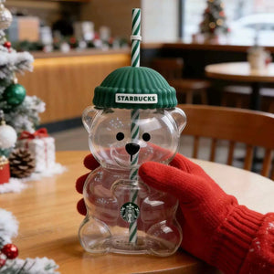 Starbucks Bearista Cup glass cold cup with beanie lid and eco-friendly straw.