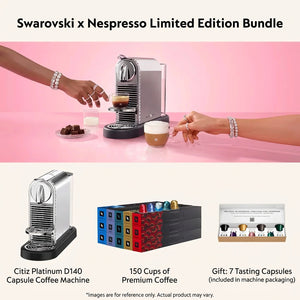 Nespresso Citiz Swarovski Edition set showing platinum machine, capsule boxes and sample capsules