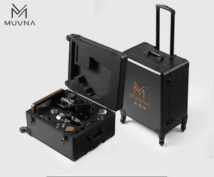 MUVNA Phantom manual lever espresso machine with industrial steampunk design and pressure gauge on walnut wood base