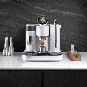 Meraki All-In-One Espresso Machine with integrated grinder, smart circular display, and walnut wood handle in matte black finish