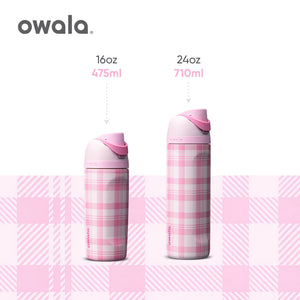 Owala Highland Pink bottles showing 16 oz and 24 oz capacities