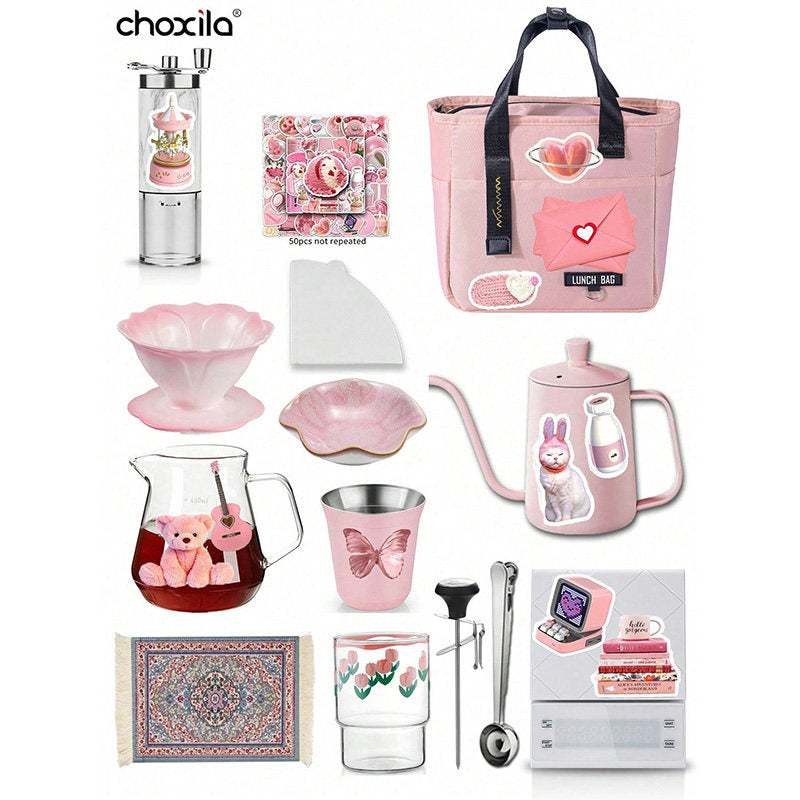 Blush Pink Travel Set with ceramic dripper, gooseneck kettle, marble manual grinder, insulated mug, and glass server in pink carrying case