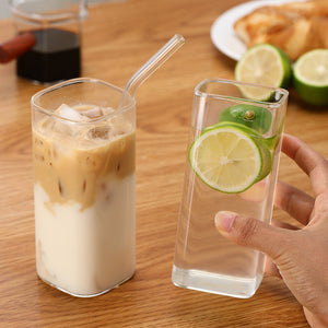 Square iced coffee glass cup with matching high-value glass straw for iced coffee and lattes