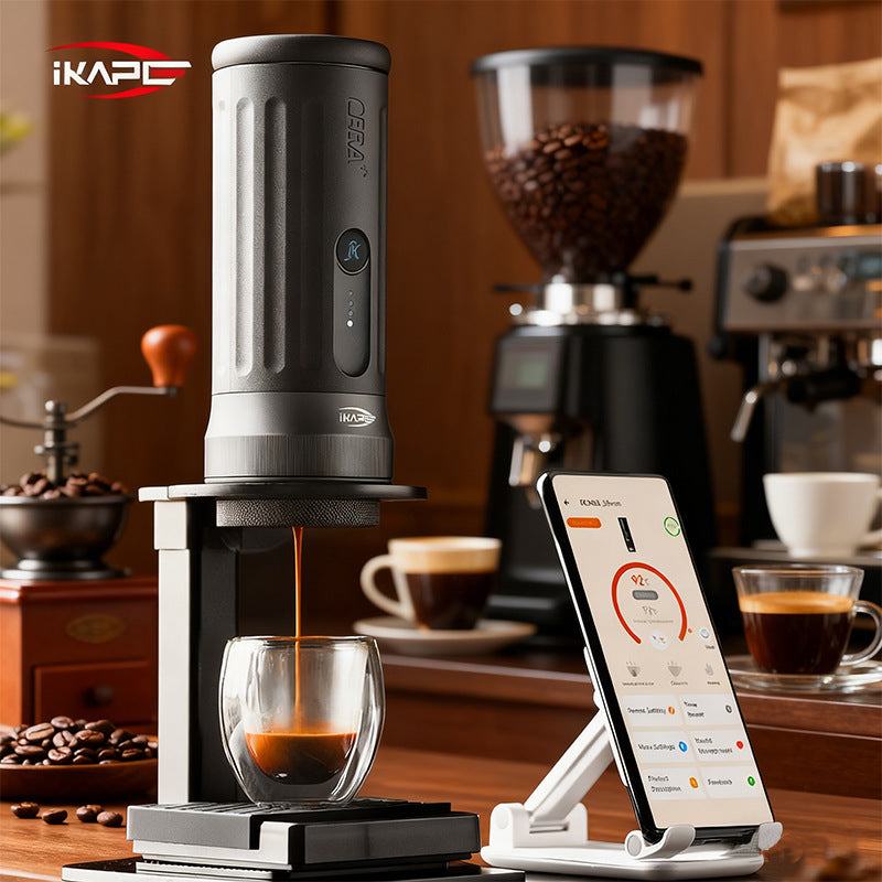 IKAPE smart wireless heating portable espresso maker with Bluetooth app control and bottomless portafilter