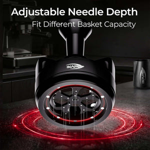 IKAPE Auto-Rotating Needle espresso distribution tool with matte black aluminum body and adjustable stainless steel needles