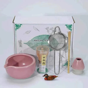 Cup To Machine Matcha tea set with spouted ceramic bowl, bamboo whisk, scoop, whisk holder, and powder sifter for traditional Japanese maccha preparation
