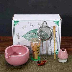Cup To Machine Matcha tea set with spouted ceramic bowl, bamboo whisk, scoop, sifter, and whisk holder for traditional Maccha preparation