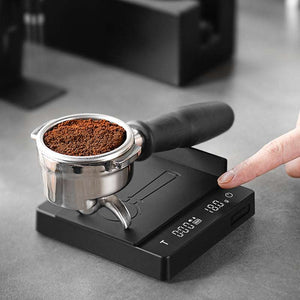 Mini Coffee Scale digital espresso scale with timer and dual LED display on wooden surface
