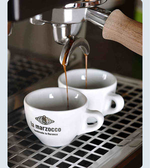 La Marzocco Heritage ceramic coffee cup and saucer set with sleek design and high-gloss finish