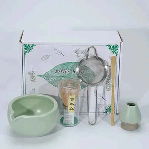 Cup To Machine Maccha tea set with spouted ceramic bowl, bamboo whisk, scoop, sifter, and whisk holder