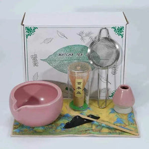 Cup To Machine Matcha tea set with spouted ceramic bowl, bamboo whisk, scoop, whisk holder, and stainless steel sifter for traditional Maccha preparation