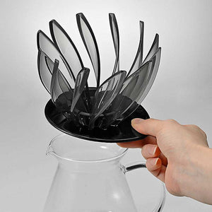 HARIO Water Lily V60 coffee dripper with petal design in smoky transparent finish on black base