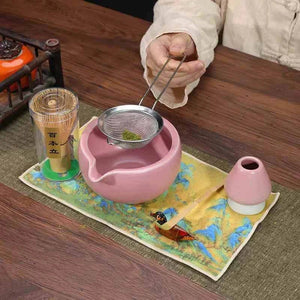 Cup To Machine Maccha tea set with spouted ceramic bowl, bamboo whisk, scoop, sifter, and whisk stand
