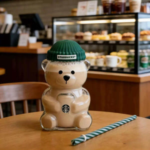 Starbucks Bearista Cup clear glass cold cup with cozy beanie lid and striped straw for iced drinks