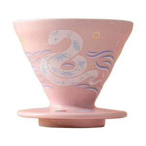 HARIO V60 Lunar New Year Edition ceramic coffee dripper with intricate snake design in Blossom Pink and Imperial White colors