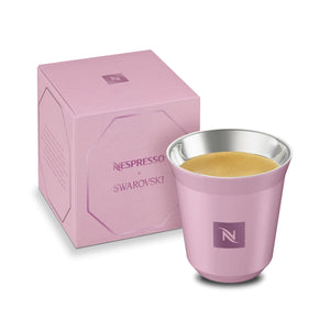 Pink Nespresso Swarovski espresso cup with its box, front view