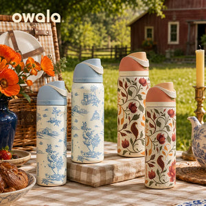 Owala FreeSip autumn edition bottles in Woodland Boho and Toile Be Home prints outdoors