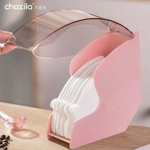 Choxila Pink V60 Filter Box with fan-shaped design, pastel pink color, and clear acrylic lid for organized, dust-proof coffee filter storage