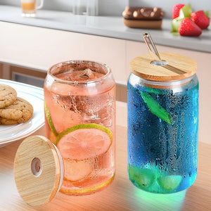 Can Shaped Glass Coffee Cup with bamboo lid and reusable straw, 500ml, eco-friendly, perfect for iced coffee and lattes, Amazon cross-border product
