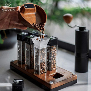 MUVNA Electronic Coffee Bean Weighing Tray made of natural walnut wood with LED display and silicone anti-slip base