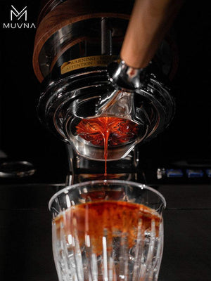 MUVNA Lucifer 58mm Bottomless Portafilter with premium resin wood grain handle and stainless steel head
