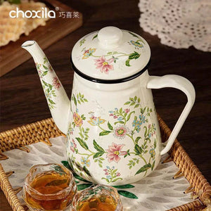 Choxila Floral Enamel Pot ivory kettle with pink, yellow, and blue flowers and slim pouring spout