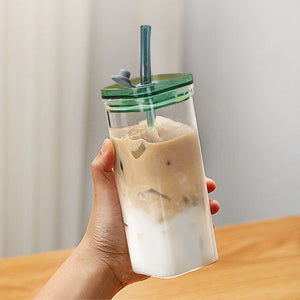 Square iced coffee glass cup with high-value straw and modern design