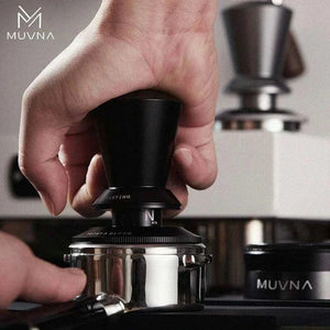 MUVNA Magnetic Dosing Funnel in black on portafilter with magnetic wall mount for espresso grinding station organization