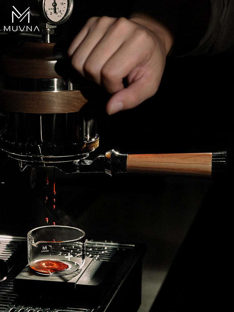MUVNA Lucifer 58mm bottomless portafilter with premium resin and wood grain handle for espresso extraction