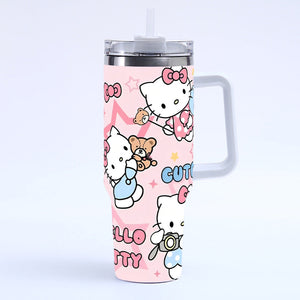 Sanrio Hello Kitty stainless steel tumbler with 40oz capacity and splash-resistant straw lid for iced coffee