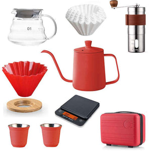 Choxila Red Edition professional travel coffee kit with matte crimson kettle, grinder, scale, dripper, glass server, insulated mugs, and shockproof red carrying case
