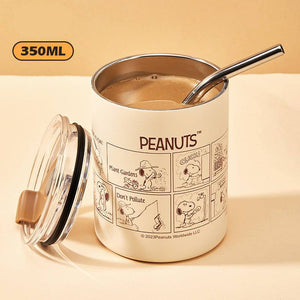Snoopy Series insulated stainless steel tumbler with metal straw and transparent silicone lid