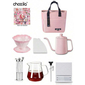 Blush Pink Travel Set portable coffee kit with ceramic dripper, marble grinder, gooseneck kettle, insulated mug, and pink travel case