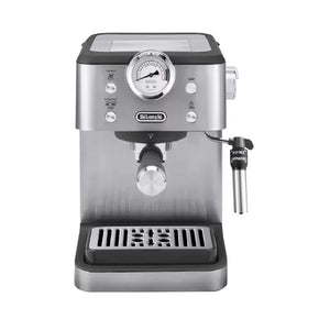 delonghi EM450 silver semi-automatic coffee machine with pump and milk frother for home and office