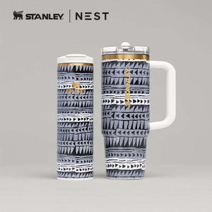 Stanley x NEST Artist Series insulated travel bottles with artistic designs and cultural motifs