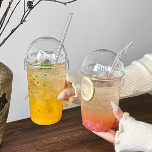 Iced coffee glass cup with clear glass straw and dome lid