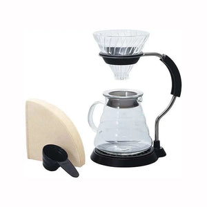 HARIO V60 Set glass dripper with stainless steel stand and spiral carafe on non-slip base
