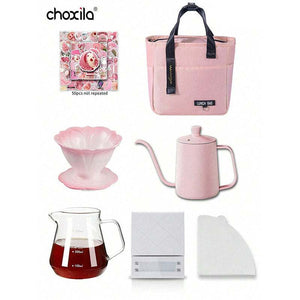 Blush Pink Travel Set with ceramic dripper, marble grinder, gooseneck kettle, insulated mug, and travel case