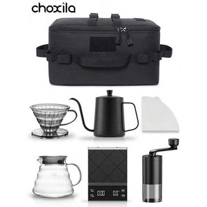 Midnight Black Travel Coffee Set with matte black kettle, manual grinder, digital scale, glass dripper, carafe, cups, and carrying bag