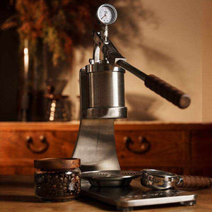 Aleman 2s hand press coffee machine stainless steel with wooden base and long pressure lever for semi-automatic espresso brewing
