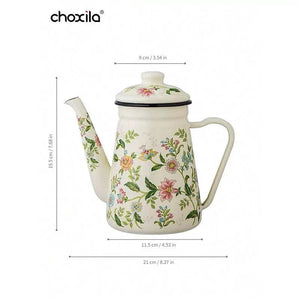 Choxila Floral Enamel Pot 1.2L ivory enamel coffee pot with pink, yellow, and blue floral design and black rim