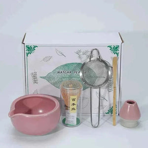Cup To Machine Maccha tea set with spouted ceramic bowl, bamboo whisk, scoop, sifter, and whisk holder