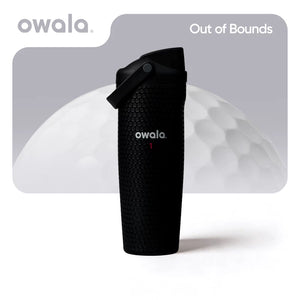 Side view of Owala Out of Bounds bottle with golf ball