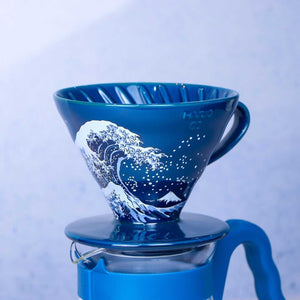 HARIO x Ukiyo-e Edition V60 ceramic dripper with iconic Great Wave design in deep indigo and matte black