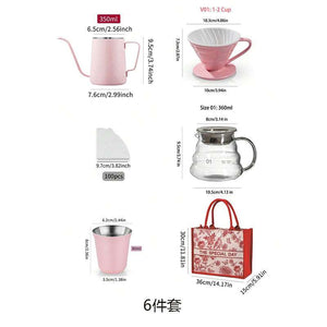 10-piece pink pour-over coffee set with kettle, ceramic dripper, glass server, grinder, scale, filters, cup, bean bowl, mister, and floral travel bag