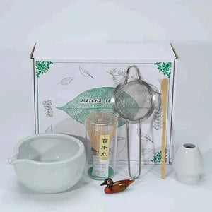 Cup To Machine Matcha tea set with spouted ceramic bowl, bamboo whisk, scoop, sifter, and whisk holder for traditional Maccha preparation