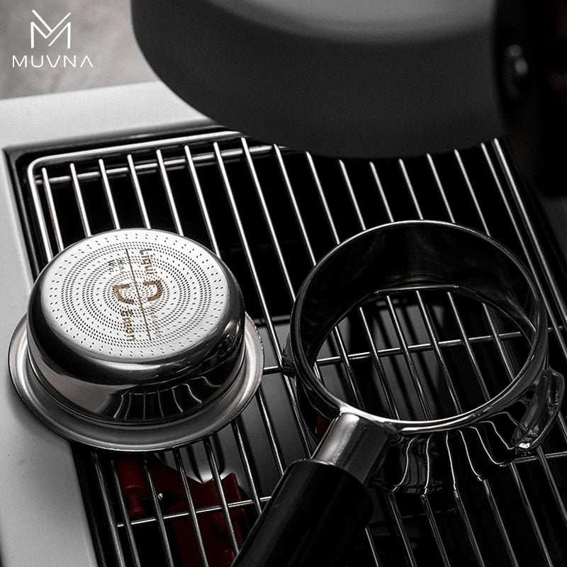 MUVNA Precision Espresso Dosing Cup for 58mm portafilters in matte black and stainless steel finishes